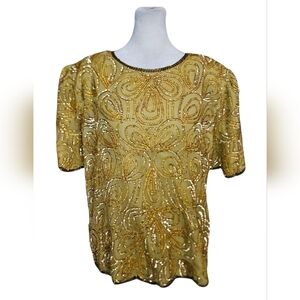 Vintage DENISE ELLE 100% Silk Beaded Embelleshed Short Sleeve Top. Gold. 8. NWT